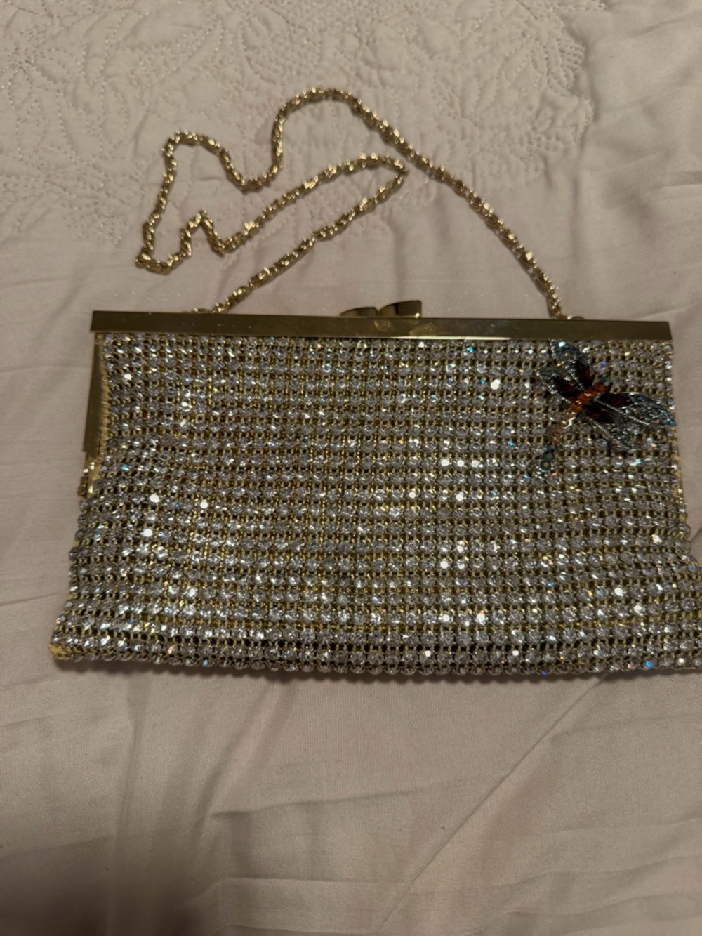 Silver Crystal Evening Clutch with Gold Frame and Dragonfly Accent
